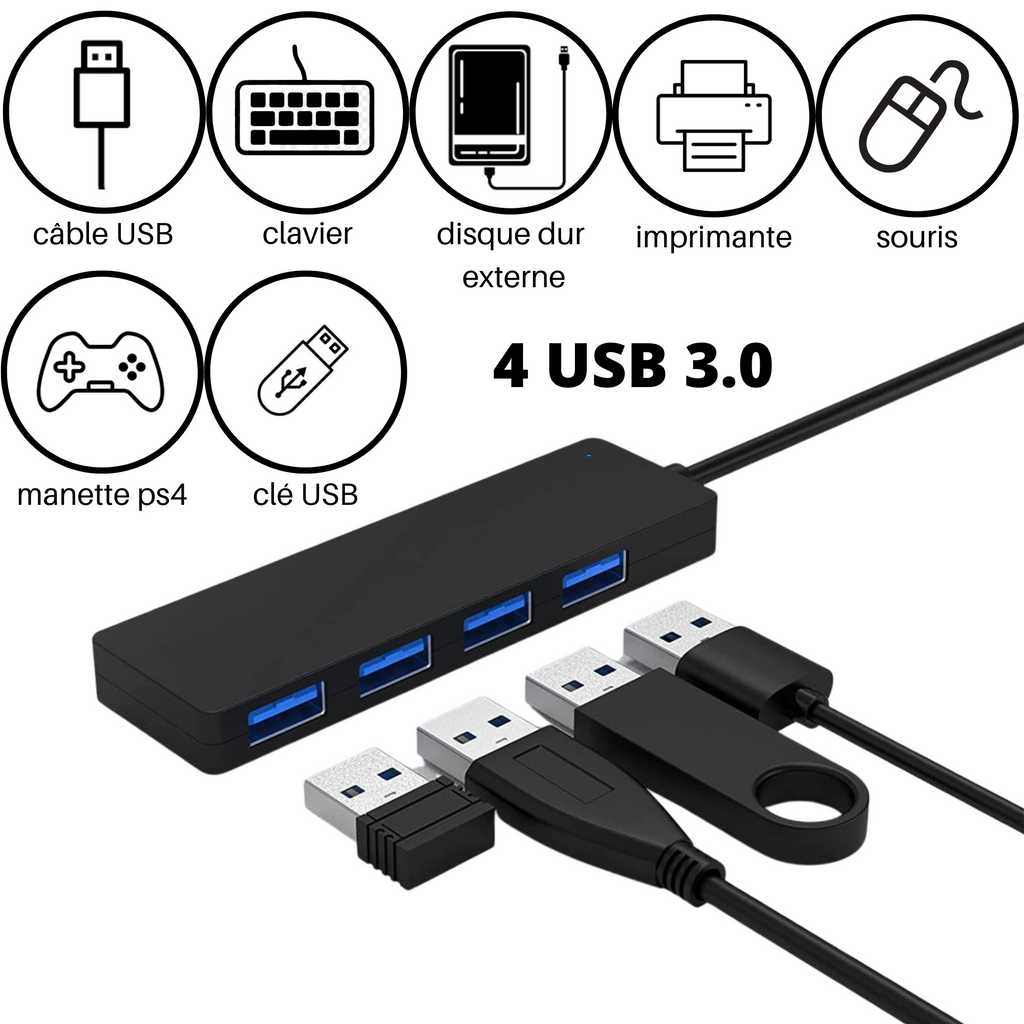 Hub USB 4 Ports (1x USB 3.0 + 3x USB 2.0) - Transfert à 5 Gbit/s, Câble 30/100/150 Cm, Voyants LED - 5