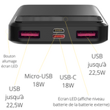 Batterie externe 10000mAh USB / USB-C / micro-USB Charge Rapide écran LED